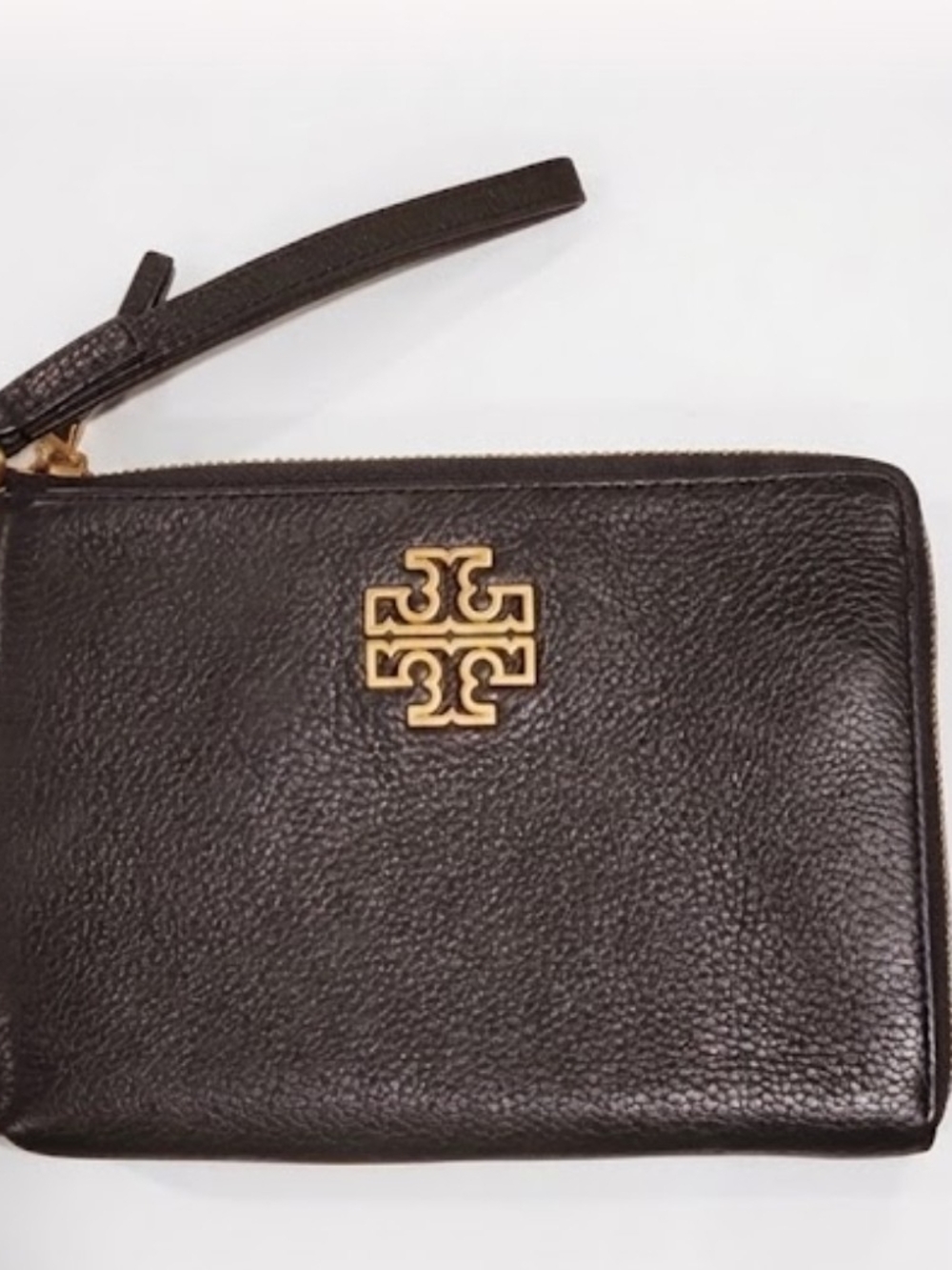 Tory Burch Black Leather Zip Wristlet with Gold Logo